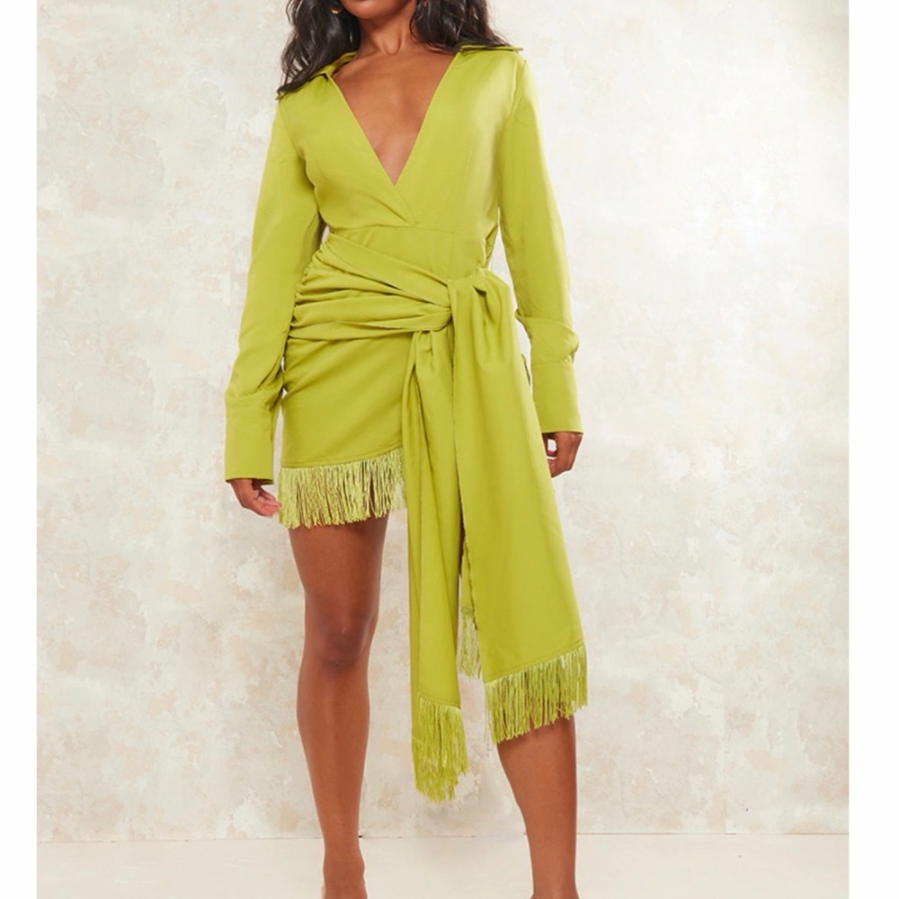 PrettyLittleThing Lime Green Wrap Dress with Fringe